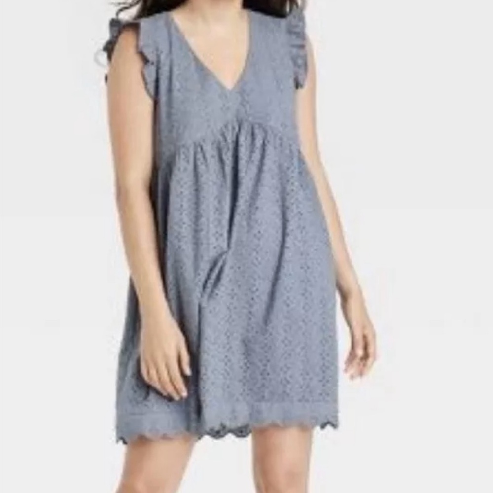 Knox Rose Eyelet Blue Sleeveless Dress with Ruffle Details
